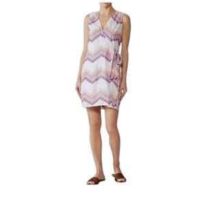 MIGUELINA Ali Embroidered Wrap Mini Dress S Chevron Stripe White Multi EUC B31